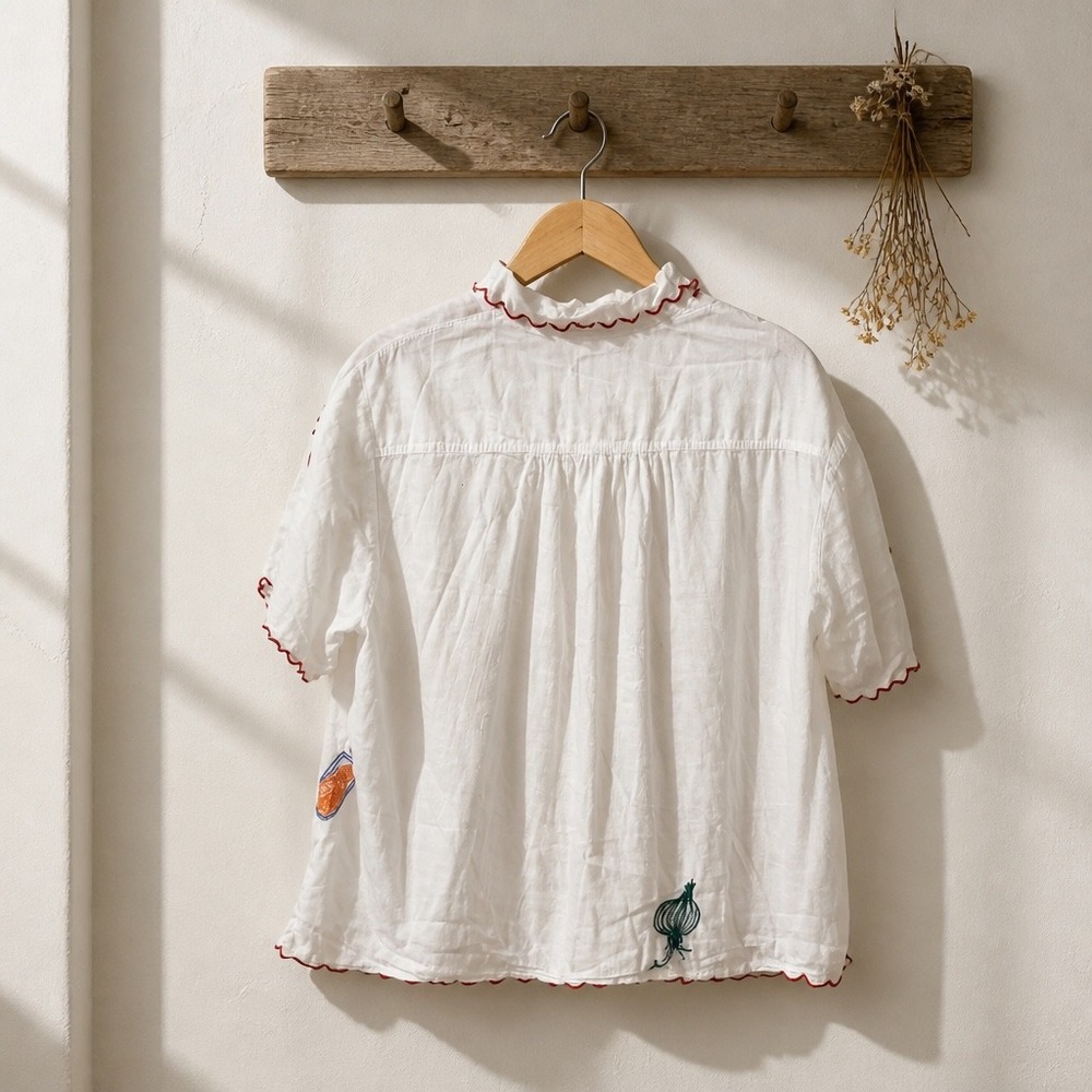 MAEVE Linen Blend Embroidered Scallop Trim Short Sleeve Button Down Shirt - Picture 2 of 10
